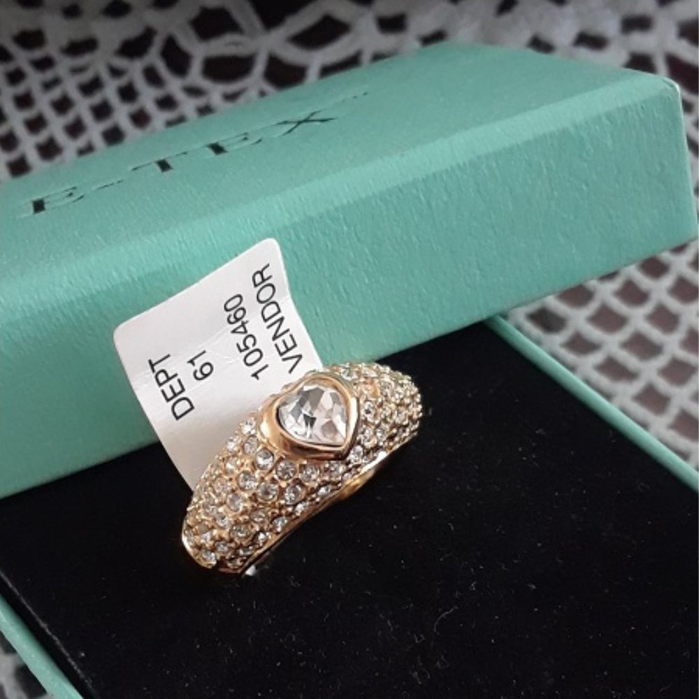 14K Italian Yellow Gold Plated CZ and Rhinestone Heart Shape Ring